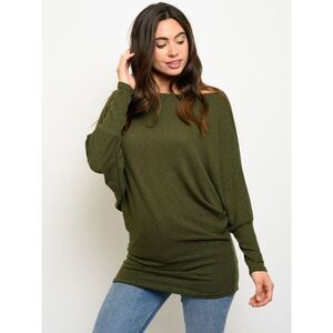 1A Olive Cozy Casual Solid Dolman Tunic Knit Wide Neck Top